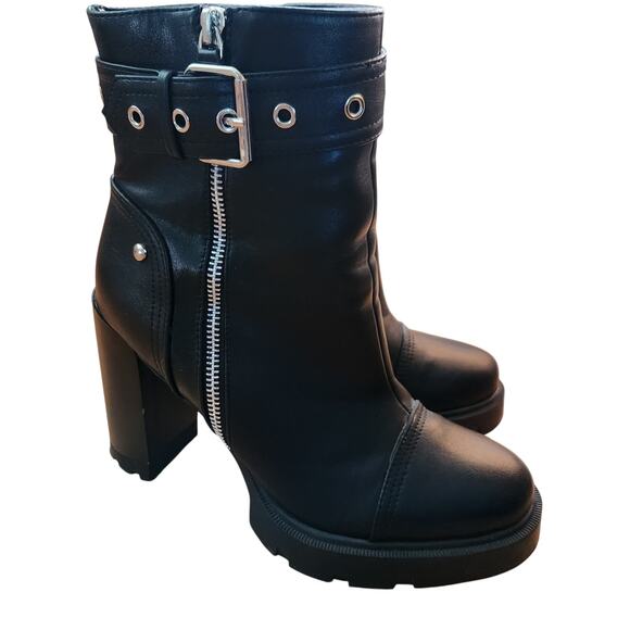 Azalea Wang Black Zip Up Vegan Leather Motorcycle Platform Heels Size 7.5 - Picture 2 of 7